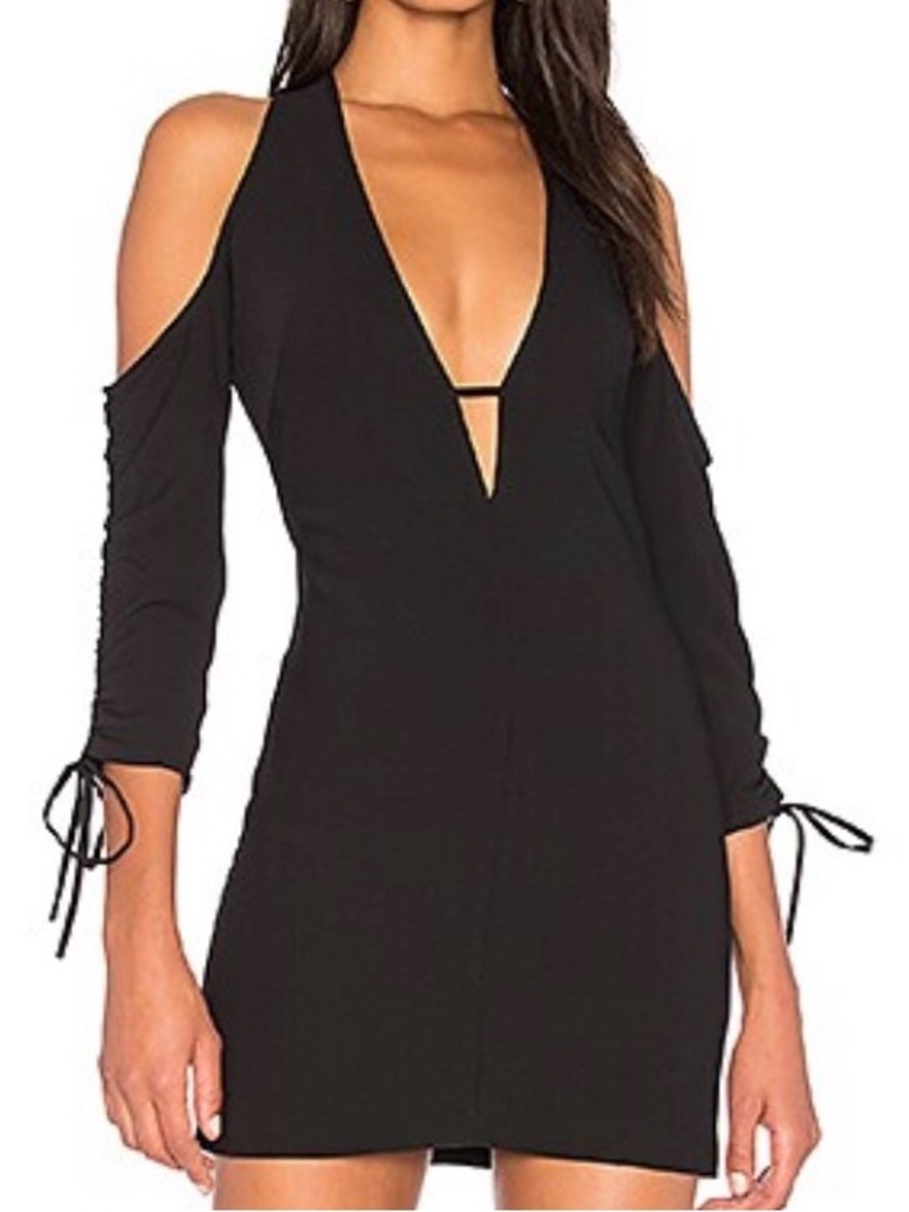 AQ/AQ Black V-Neck Long Sleeve Mini Dress with Tie Sleeves